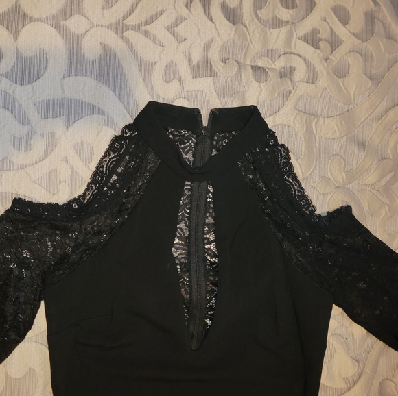 Lace open shoulder black midi dress, size 10 - Picture 2 of 5
